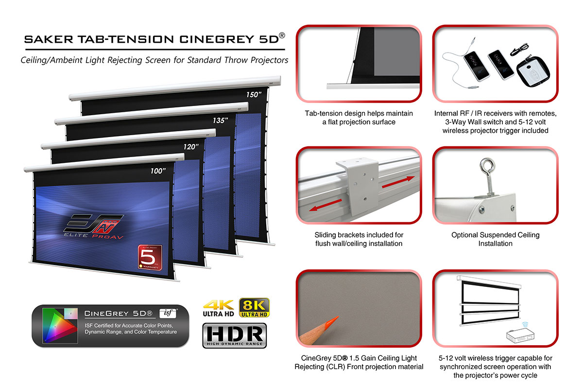 The Saker Tab-Tension CineGrey 5D® (aka CLR®-S) Electric Screen will be shown at InfoComm 2019