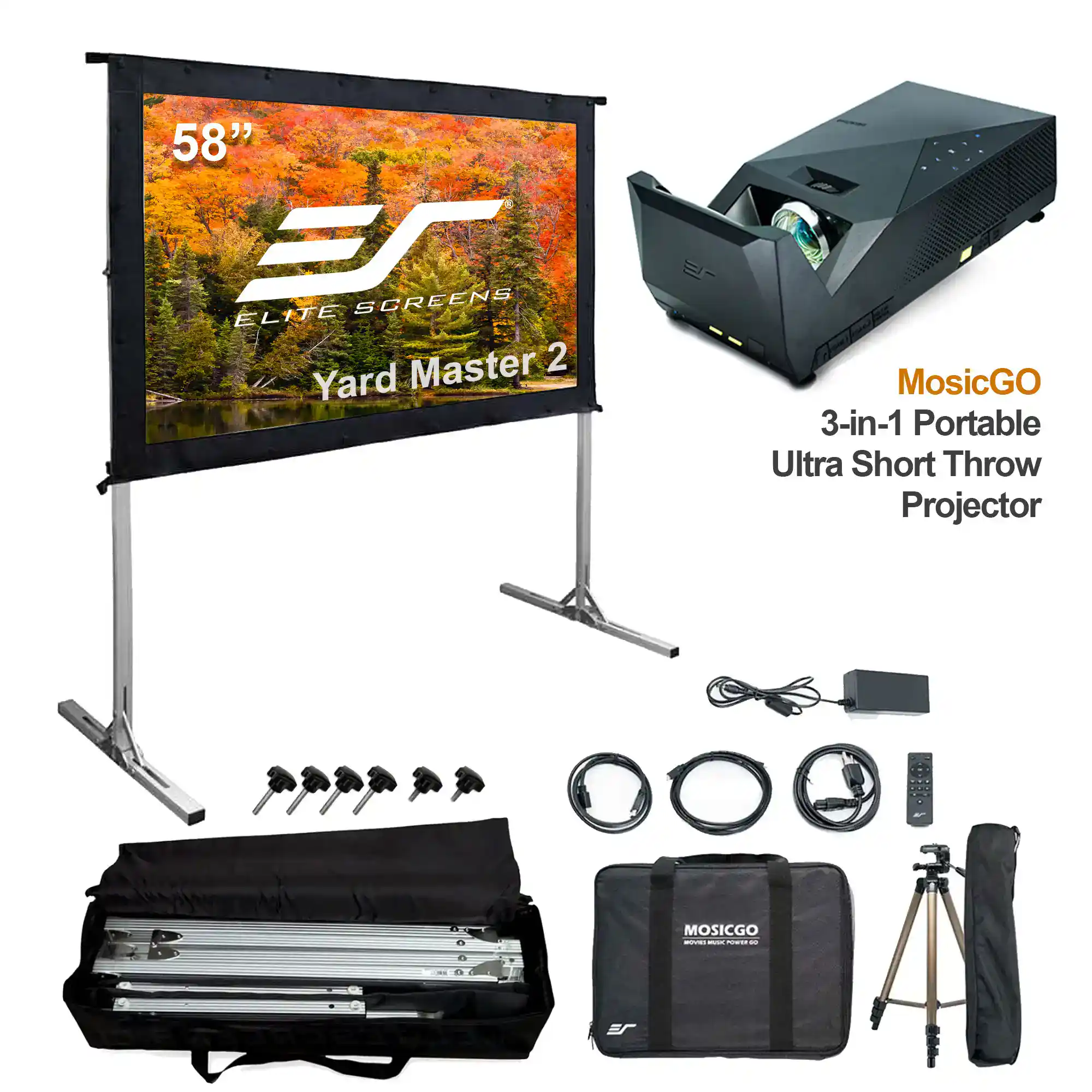58-inch Elite Screens projector screen with portable tripod stand and accessories.