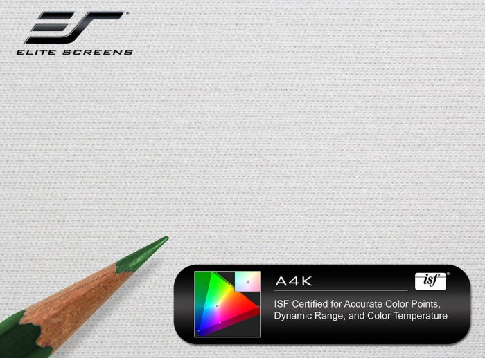 Elite Screens projector screen with ISF certification and 4K support.