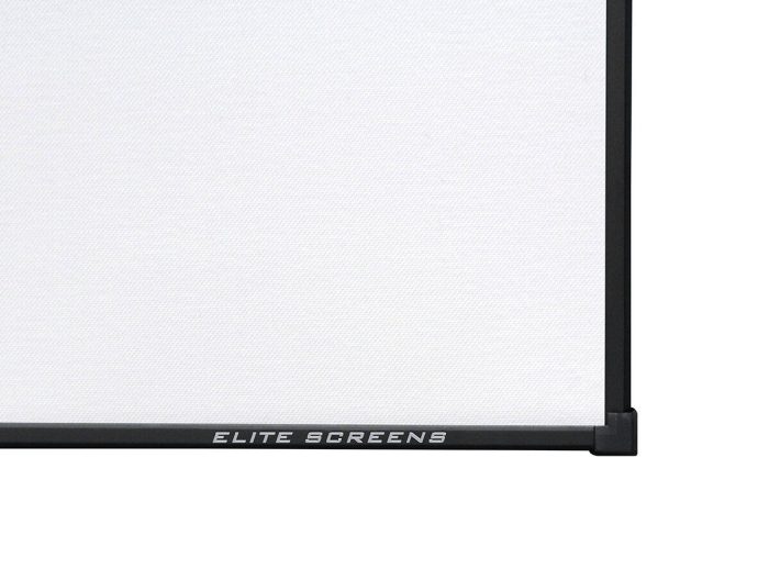 Elite Screens Projector Screen for Home Theater Elite Screens projector screen with sleek white surface and black border for clear image projection.