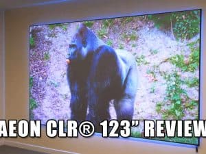 Large 123-inch motorized projector screen with ambient light rejecting technology.