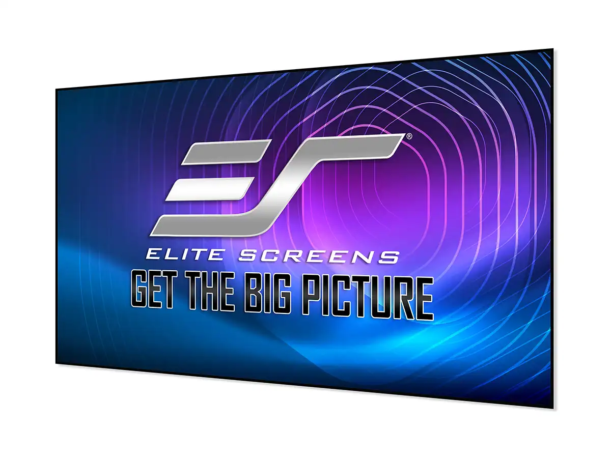 Elite Screens projector screen with vibrant graphics and logo for home theater setup.