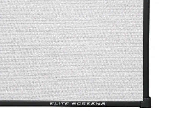 Elite Screens Projector Screen Close-Up Close-up of Elite Screens projector screen with textured surface and black frame.