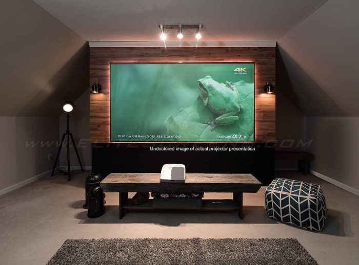 Elite Screens 100" Aeon CLR® Fixed Frame Projector Screen Elite Screens 100" Aeon CLR® fixed frame projector screen in a bright living room setting.