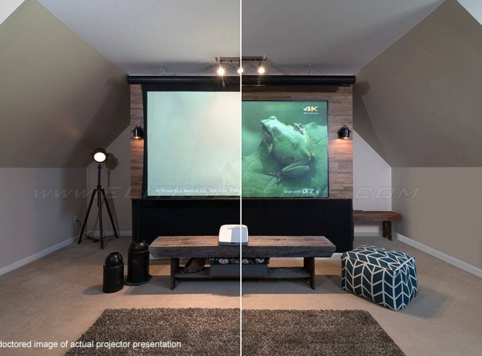 Home Theater Projector Screen Home theater projector screen setup in an attic room with seating area.