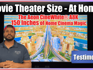 Large home cinema projector screen showcasing Aeon CineWhite® A8K Series.