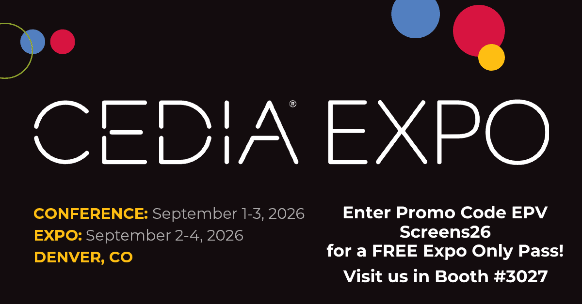 Elite Screens projector screens displayed at CEDIA Expo 2026 in Denver, Colorado.