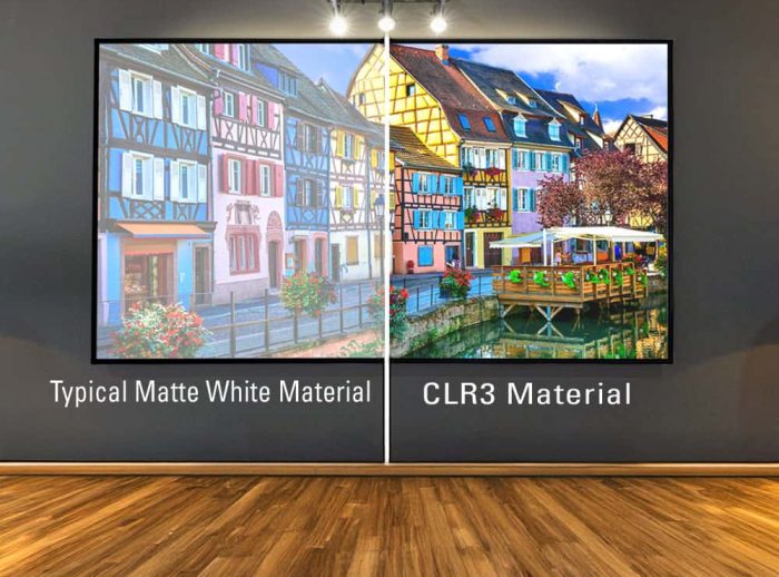 Elegant projector screens showcasing different material options for optimal image quality. Elite Screens projector screens with matte white and CLR3 materials for vibrant visuals.