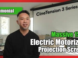 Large 150-inch electric motorized projector screen for home theater setups.