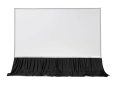 White projection screen with black skirt for presentations and home theater setups.