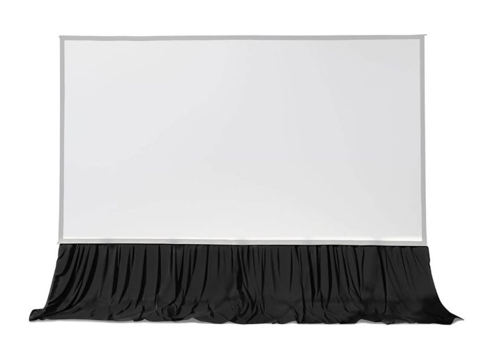 Projection Screen for Presentations and Home Theater White projection screen with black skirt for presentations and home theater setups.