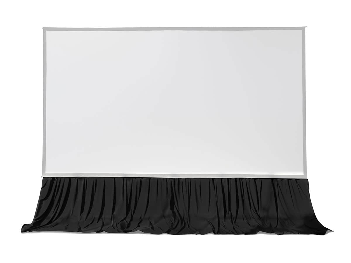 Projection Screen for Presentations and Home Theater White projection screen with black skirt for presentations and home theater setups.