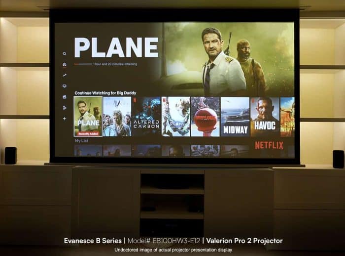 Evanesce B Series Electric Projection Screen Ceiling projector screen for home theaters and professional setups.