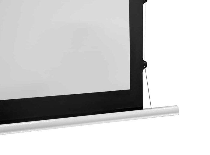 Elite Screens Projector Screen Edge and Mounting Close-up of projector screen edge with mounting mechanism for home theater setup.