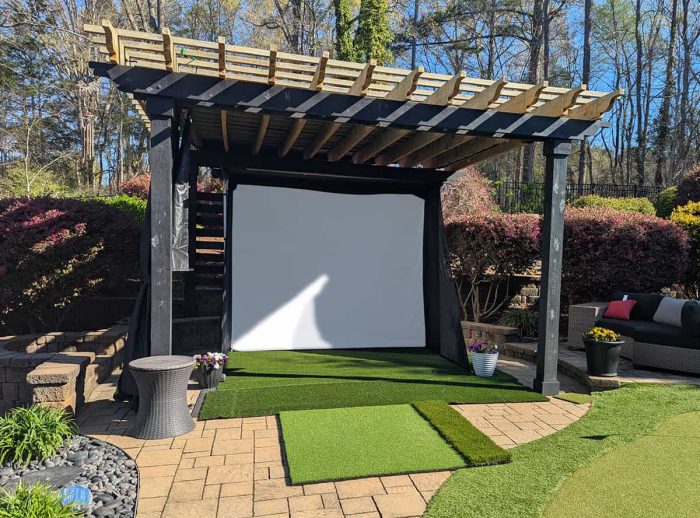 Outdoor Projector Screen in Garden Outdoor projector screen for backyard entertainment and movie nights.