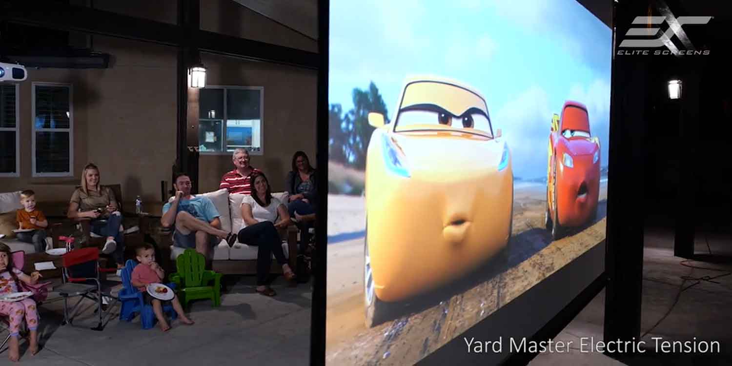 Projection screen displaying animated cars for home theater.
