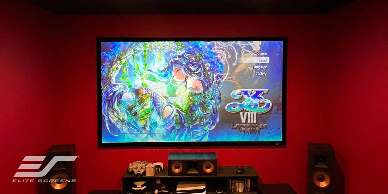 Large projector screen displaying vibrant gaming graphics in a room.