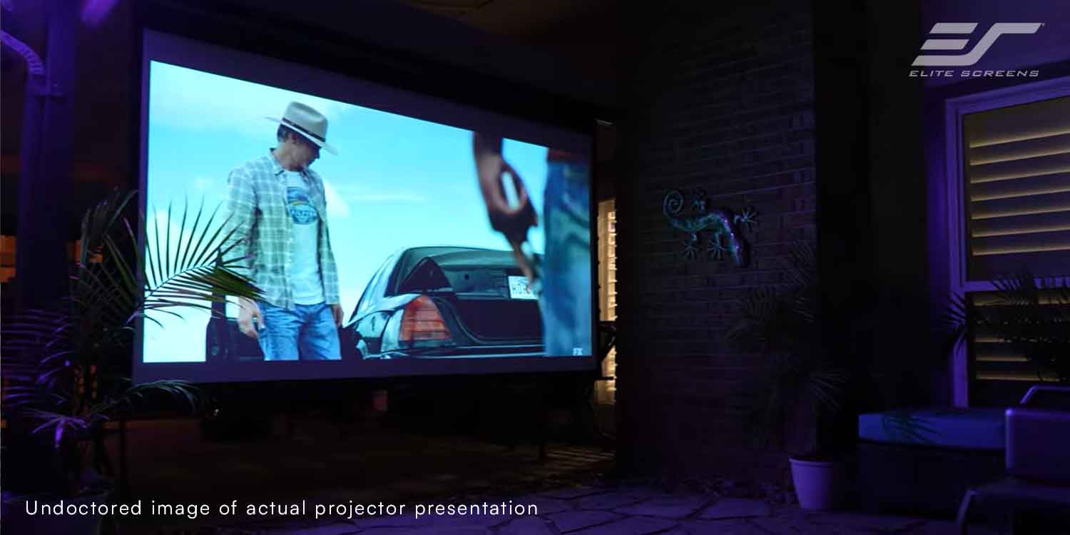 Elite Screens outdoor projector screen for home theater setups.