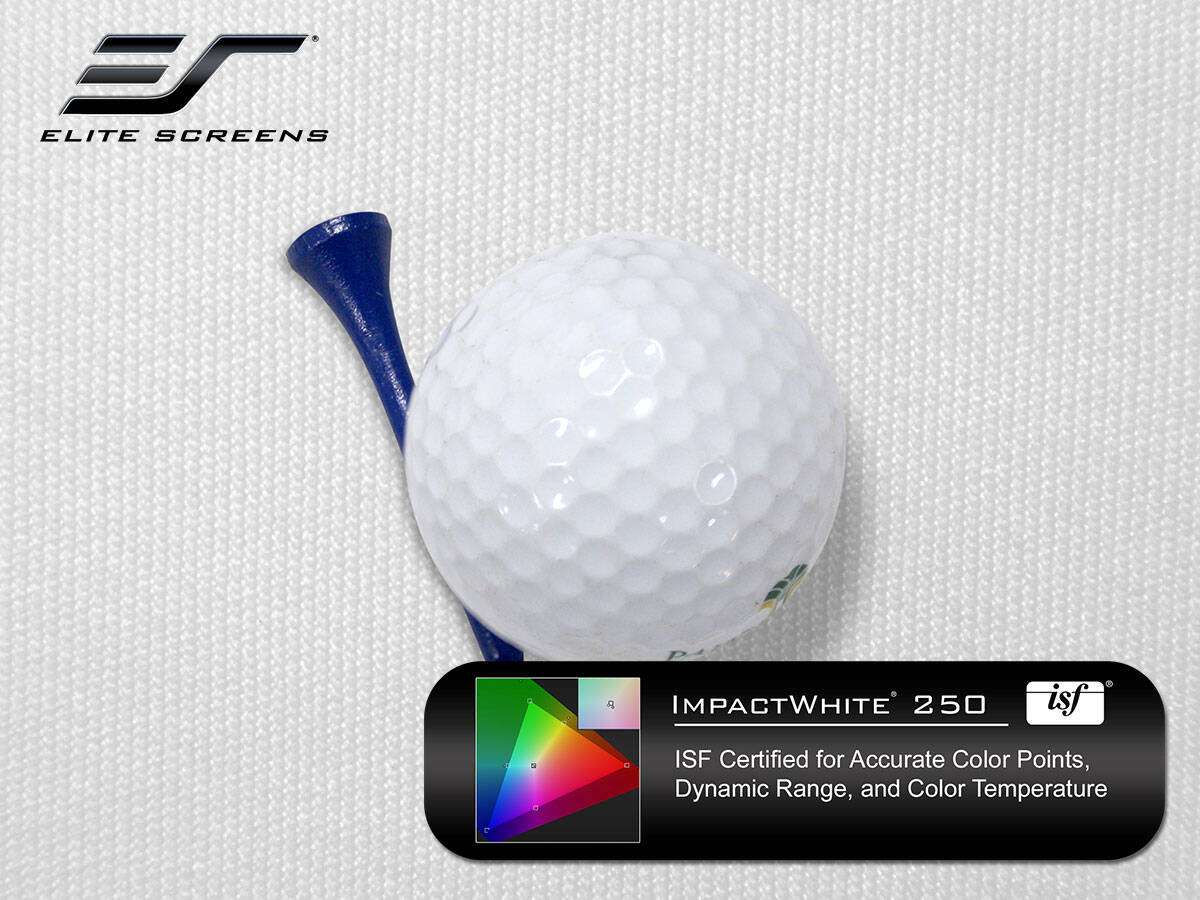 Golf ball with ImpactWhite 250 logo and Elite Screens branding.