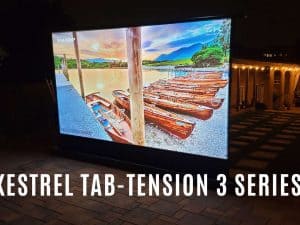 Quality Kestrel Tab-Tension 3 Series projector screen for home theater and presentations.