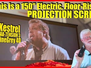 150-inch electric floor-rising projector screen for home theater.