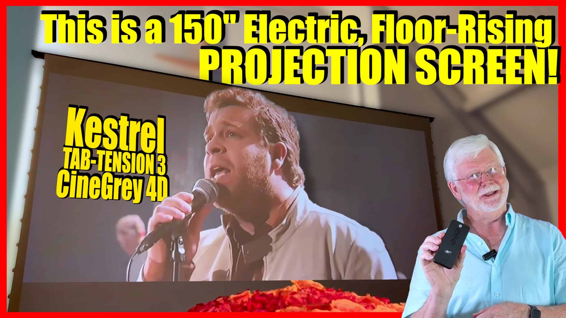 150-inch electric floor-rising projector screen for home theater.