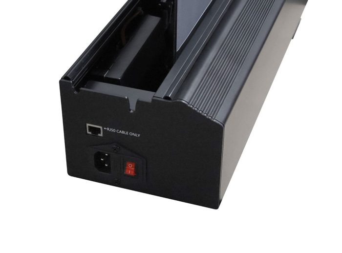 Projector Screen Motorized Roller System Motorized projector screen roller with control port and power switch.