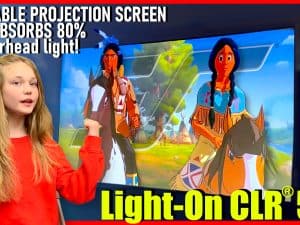 Portable projection screen displaying animated characters for home theater.
