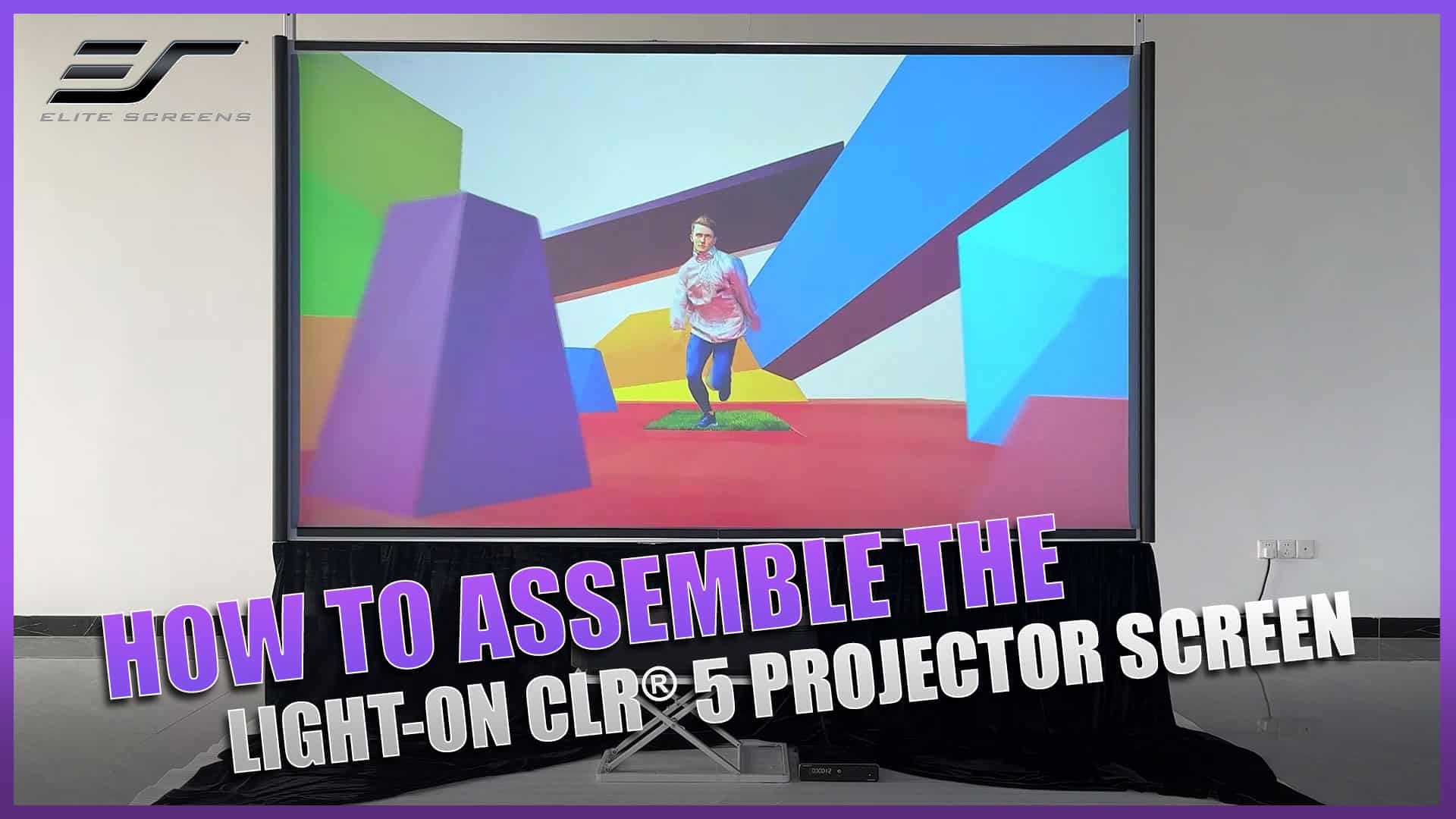 Large projector screen with colorful geometric background for presentations and entertainment.