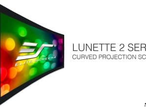 Elite Screens Lunette 2 Series curved projector screen for immersive viewing.