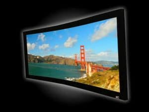 Elite Screens Lunette Series projector screen showcasing the Golden Gate Bridge scene.