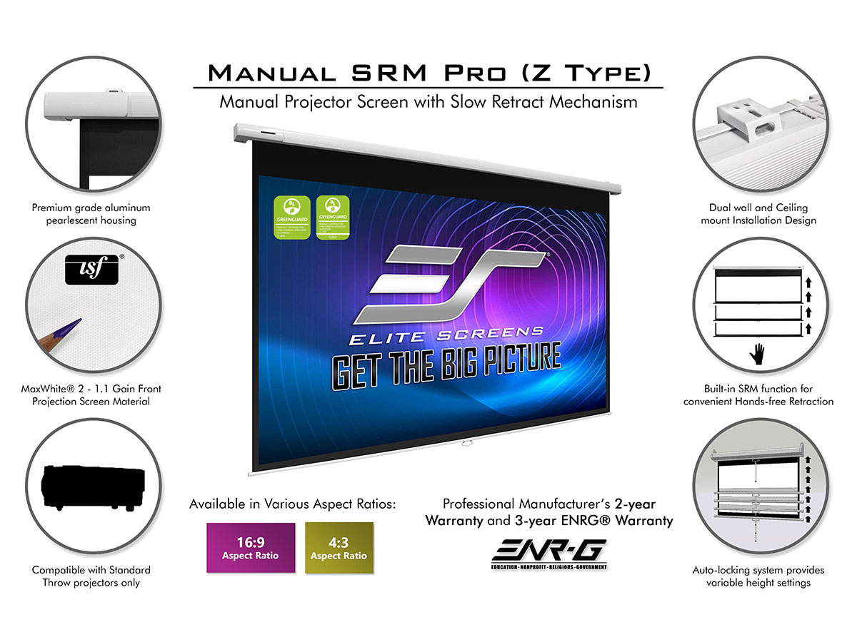 M84HSR-Pro Slow Retract Pull Down Projection Manual Projector Screen Elite Screens Manual SRM Pro 84-inch 16:9