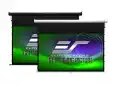 Two Elite Screens projector screens with green and purple branding.