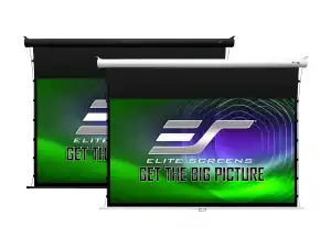 Two Elite Screens projector screens with green and purple branding.