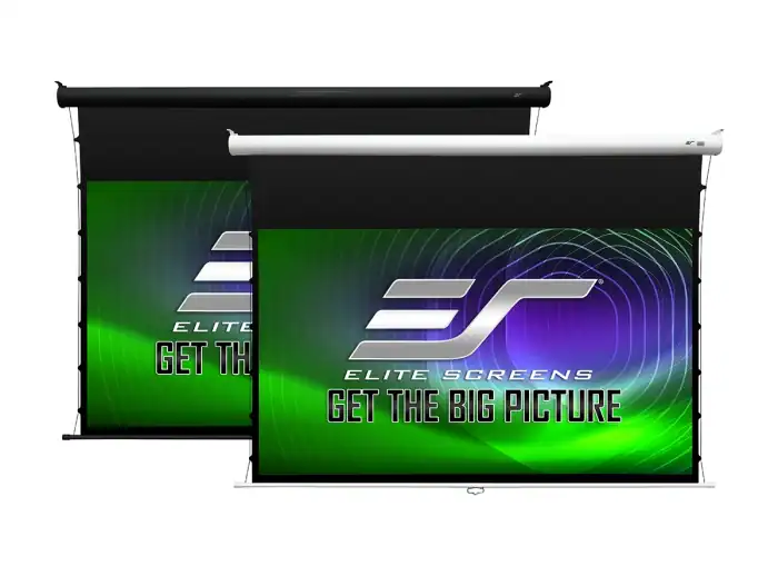 Elite Screens Projector Screens for Home Theater Two Elite Screens projector screens with green and purple branding.