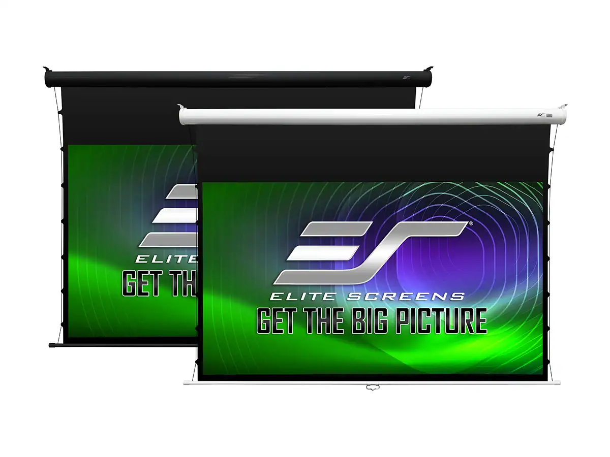 Two Elite Screens projector screens with green and purple branding.