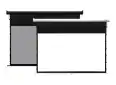 Two Elite Screens projector screens, black and white, for home theater or presentations.