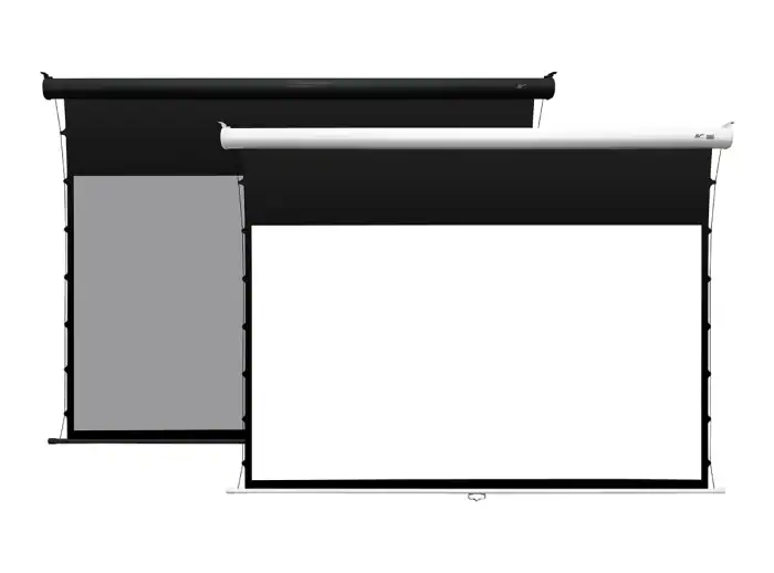 Elite Screens Projector Screens for Home Theater Two Elite Screens projector screens, black and white, for home theater or presentations.
