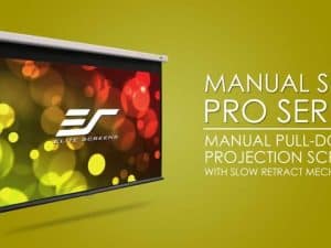 Elite Screens Manual SRM Pro Series projector screen with slow retract mechanism.