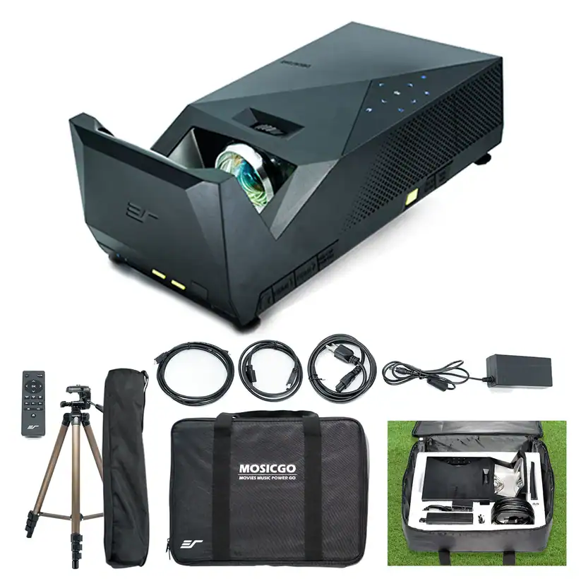 High-quality ultra-short throw projector with accessories for home theater.