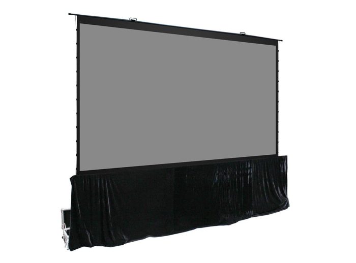 Projection Screen with Black Skirt for Home Theater Elite Screens projector screen with black skirt for home theater and presentations.