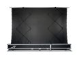 Projection screen with black surface and sturdy frame for home or professional use.