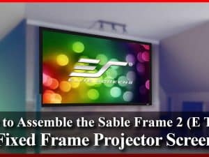 Elite Screens fixed frame projector screen with colorful display in a modern room.