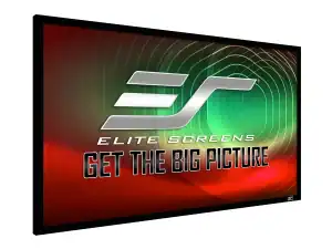 Elite Screens projector screen with vibrant display and logo.