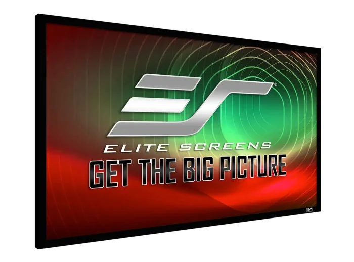 Elite Screens projector screen with vibrant display and logo.