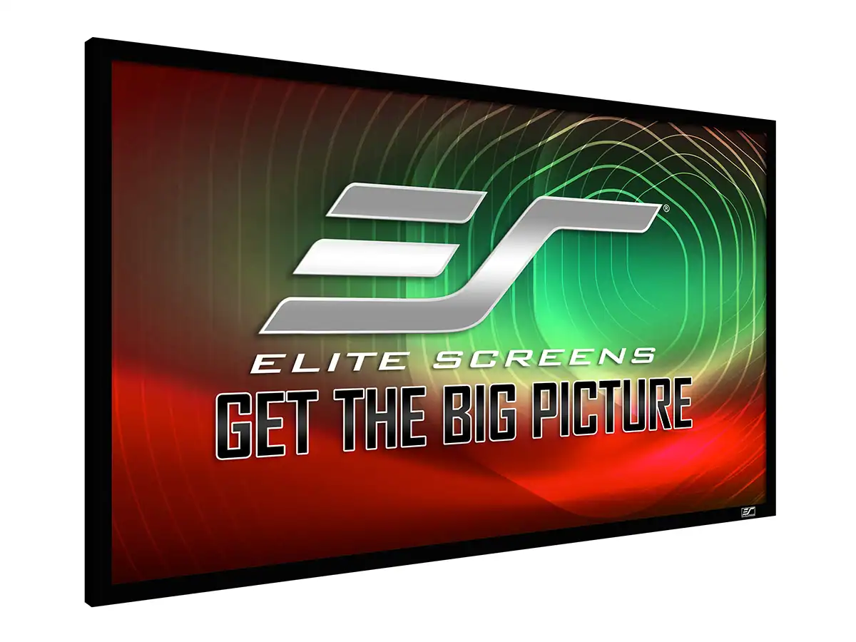 Elite Screens projector screen with vibrant display and logo.