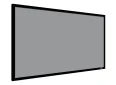 Large Elite Screens projector screen with black frame for home theater setup.