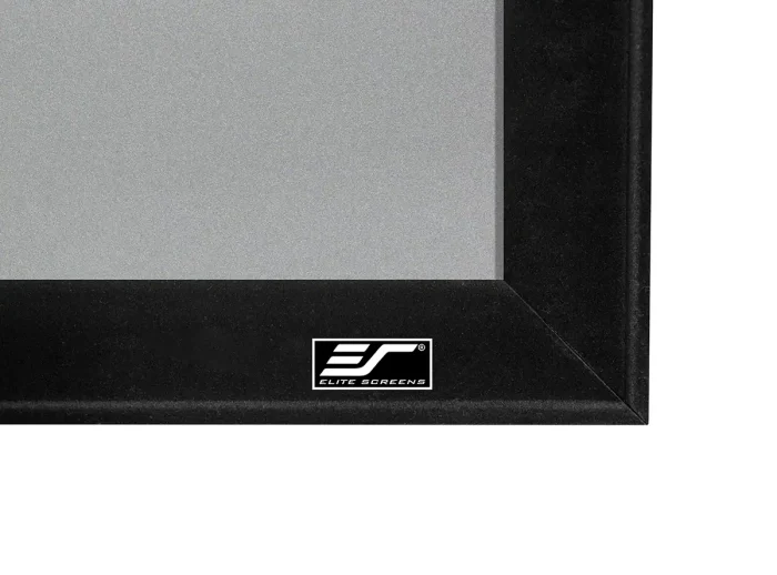 Elite Screens Projector Screen Frame Close-up of Elite Screens projector screen frame with logo.