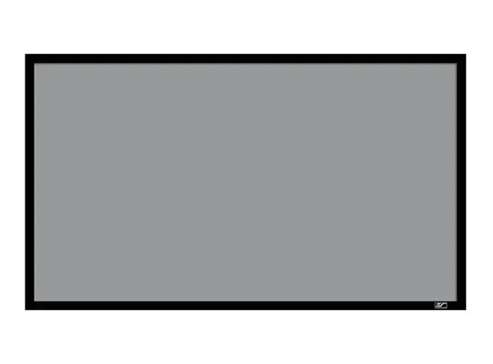 Elite Screens Projector Screen for Home Theater Large gray projector screen with black border for home theater setup.