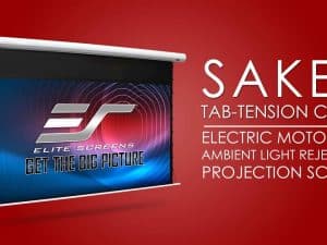Electric motorized Saker Tab-Tension CLR® 2 projector screen for vibrant, ambient light rejecting im.